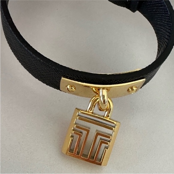 Tory Burch Black Leather and Gold Charm Padlock bracelet. 7.4”. Long. NWT. - Picture 4 of 5